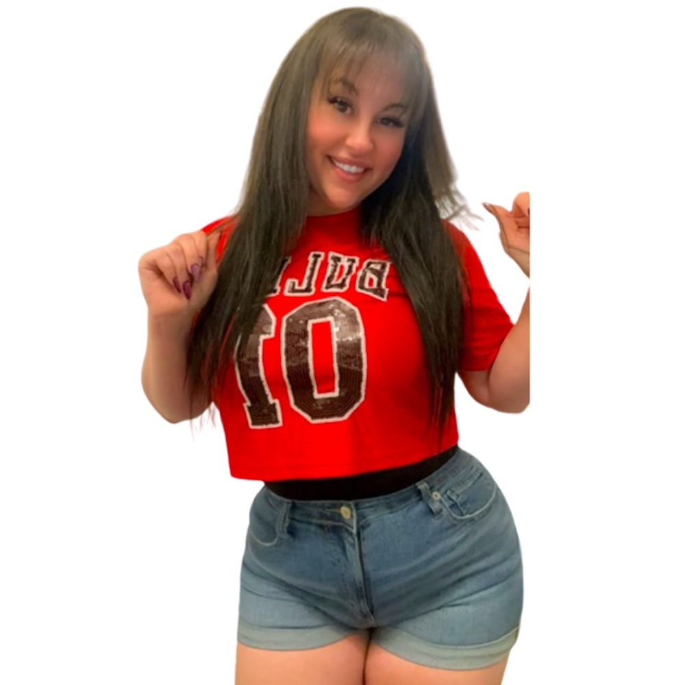 NBA | Chicago Bulls Cropped Sequin Sparkly Graphic Top Shirt Red Logo Size Large